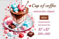 Watercolor clipart valentines day or birthday greeting card coffee mug or chocolate with hearts  on clear background. Romantic and flavorful illustration. High resolution and perfect quality for printing and sublimation.
