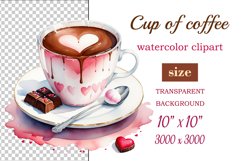 Watercolor clipart valentines day or birthday greeting card coffee mug or chocolate with hearts  on clear background. Romantic and flavorful illustration. High resolution and perfect quality for printing and sublimation.