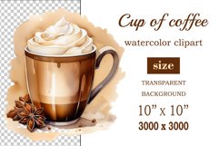 Watercolor clipart winter hot coffee mug or chocolate on clear background. Cozy and flavorful illustration. High resolution and perfect quality for printing and sublimation.