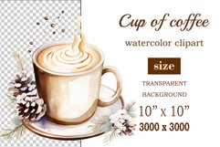 Watercolor clipart winter hot coffee mug or chocolate on clear background. Cozy and flavorful illustration. High resolution and perfect quality for printing and sublimation.