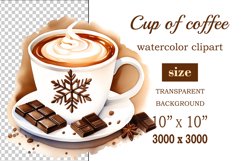 Watercolor clipart winter hot coffee mug or chocolate on clear background. Cozy and flavorful illustration. High resolution and perfect quality for printing and sublimation.