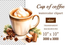Watercolor clipart winter hot coffee mug or chocolate on clear background. Cozy and flavorful illustration. High resolution and perfect quality for printing and sublimation.