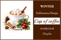 Watercolor clipart winter hot coffee mug or chocolate on clear background. Cozy and flavorful illustration. High resolution and perfect quality for printing and sublimation.