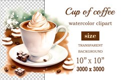 Watercolor clipart winter hot coffee mug or chocolate on clear background. Cozy and flavorful illustration. High resolution and perfect quality for printing and sublimation.