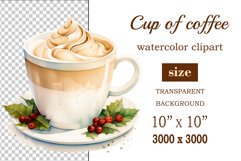 Watercolor clipart winter hot coffee mug or chocolate on clear background. Cozy and flavorful illustration. High resolution and perfect quality for printing and sublimation.