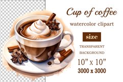 Watercolor clipart winter hot coffee mug or chocolate on clear background. Cozy and flavorful illustration. High resolution and perfect quality for printing and sublimation.