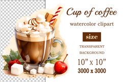 Watercolor clipart winter hot coffee mug or chocolate on clear background. Cozy and flavorful illustration. High resolution and perfect quality for printing and sublimation.