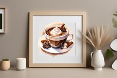 Watercolor clipart winter hot coffee mug or chocolate on clear background. Cozy and flavorful illustration. High resolution and perfect quality for printing and sublimation.