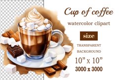 Watercolor clipart winter hot coffee mug or chocolate on clear background. Cozy and flavorful illustration. High resolution and perfect quality for printing and sublimation.