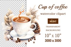 Watercolor clipart winter hot coffee mug or chocolate on clear background. Cozy and flavorful illustration. High resolution and perfect quality for printing and sublimation.