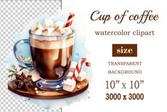 Watercolor clipart winter hot coffee mug or chocolate on clear background. Cozy and flavorful illustration. High resolution and perfect quality for printing and sublimation.