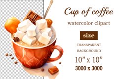 Watercolor clipart winter hot coffee mug or chocolate on clear background. Cozy and flavorful illustration. High resolution and perfect quality for printing and sublimation.