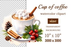 Watercolor clipart winter hot coffee mug or chocolate on clear background. Cozy and flavorful illustration. High resolution and perfect quality for printing and sublimation.