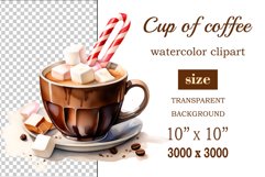Watercolor clipart winter hot coffee mug or chocolate on clear background. Cozy and flavorful illustration. High resolution and perfect quality for printing and sublimation.