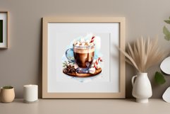 Watercolor clipart winter hot coffee mug or chocolate on clear background. Cozy and flavorful illustration. High resolution and perfect quality for printing and sublimation.