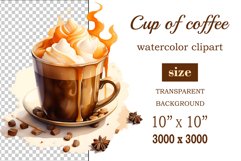 Watercolor clipart winter hot coffee mug or chocolate on clear background. Cozy and flavorful illustration. High resolution and perfect quality for printing and sublimation.