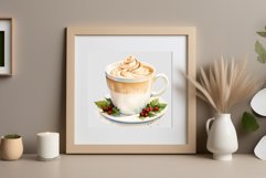 Watercolor clipart winter hot coffee mug or chocolate on clear background. Cozy and flavorful illustration. High resolution and perfect quality for printing and sublimation.
