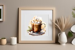 Watercolor clipart winter hot coffee mug or chocolate on clear background. Cozy and flavorful illustration. High resolution and perfect quality for printing and sublimation.