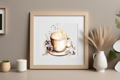 Watercolor clipart winter hot coffee mug or chocolate on clear background. Cozy and flavorful illustration. High resolution and perfect quality for printing and sublimation.