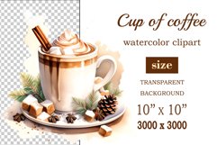 Watercolor clipart winter hot coffee mug or chocolate on clear background. Cozy and flavorful illustration. High resolution and perfect quality for printing and sublimation.