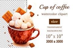 Watercolor clipart winter hot coffee mug or chocolate on clear background. Cozy and flavorful illustration. High resolution and perfect quality for printing and sublimation.