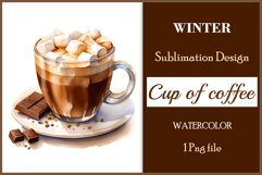 Watercolor clipart winter hot coffee mug or chocolate on clear background. Cozy and flavorful illustration. High resolution and perfect quality for printing and sublimation.