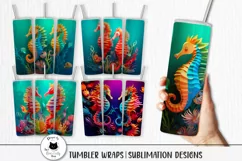 various sea horse designs in 3d paper art style shown on tumblers