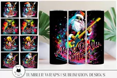 various funny christmas tumbler wraps with characters playing guitars