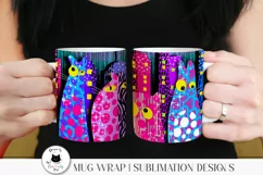 woman holding 2 mugs with colorful cat wrap