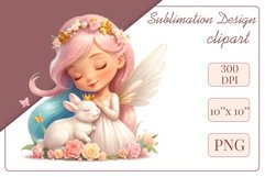 This enchanting clipart features a cute little princess tenderly embracing her faithful friend - a magical Bunny. Create magical moments with this adorable image, perfect for children's projects: cards, greetings, scrapbooking, and more