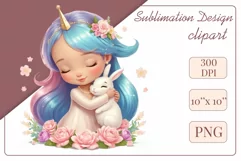This enchanting clipart features a cute little princess tenderly embracing her faithful friend - a magical Bunny. Create magical moments with this adorable image, perfect for children's projects: cards, greetings, scrapbooking, and more