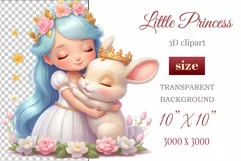 This enchanting clipart features a cute little princess tenderly embracing her faithful friend - a magical Bunny. Create magical moments with this adorable image, perfect for children's projects: cards, greetings, scrapbooking, and more
