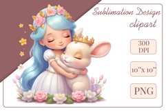 This enchanting clipart features a cute little princess tenderly embracing her faithful friend - a magical Bunny. Create magical moments with this adorable image, perfect for children's projects: cards, greetings, scrapbooking, and more