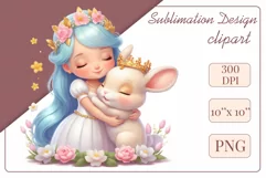This enchanting clipart features a cute little princess tenderly embracing her faithful friend - a magical Bunny. Create magical moments with this adorable image, perfect for children's projects: cards, greetings, scrapbooking, and more