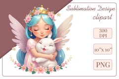 This enchanting clipart features a cute little princess tenderly embracing her faithful friend - a magical Bunny. Create magical moments with this adorable image, perfect for children's projects: cards, greetings, scrapbooking, and more