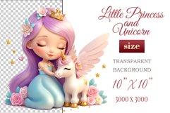 This enchanting clipart features a cute little princess tenderly embracing her faithful friend - a magical unicorn. Create magical moments with this adorable image, perfect for children's projects: cards, greetings, scrapbooking, and more