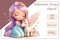 This enchanting clipart features a cute little princess tenderly embracing her faithful friend - a magical unicorn. Create magical moments with this adorable image, perfect for children's projects: cards, greetings, scrapbooking, and more