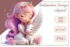 This enchanting clipart features a cute little princess tenderly embracing her faithful friend - a magical unicorn. Create magical moments with this adorable image, perfect for children&#039;s projects: cards, greetings, scrapbooking, and more