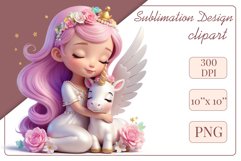 This enchanting clipart features a cute little princess tenderly embracing her faithful friend - a magical unicorn. Create magical moments with this adorable image, perfect for children's projects: cards, greetings, scrapbooking, and more