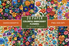 Colorful Embroidery Flowers Digital Paper Bundle Product Image 1