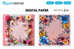 Colorful Floral Frame on Pink Digital Paper Product Image 1