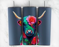Colorful Vibrant Floral Highland Cow Skinny Tumbler Wrap PNG Product Image 3
