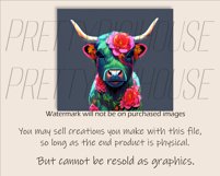 Colorful Vibrant Floral Highland Cow Skinny Tumbler Wrap PNG Product Image 2