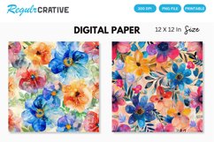 Colorful Floral Digital Paper, Watercolor Floral Background Product Image 1