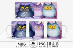 colorful owl sublimation design shown on mugs
