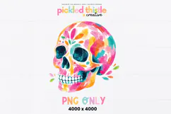 Bright skull PNG with watercolor-style texture, dark teal eyes, colorful painted patches, and a fun spooky look for Halloween or year-round edgy projects.