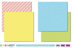 Colorful scrapbook papers in pink blue yellow and green pastel shades