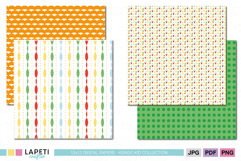 Kids scrapbook paper set featuring stripes, dots, triangles and orange geometric backgrounds.