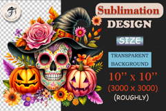 Bright sugar skull Halloween clipart with witch hat, pumpkins & flowers. Perfect PNG for invitations, crafts & sublimation.
