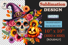 Bright sugar skull Halloween clipart with witch hat, pumpkins &amp; flowers. Perfect PNG for invitations, crafts &amp; sublimation.